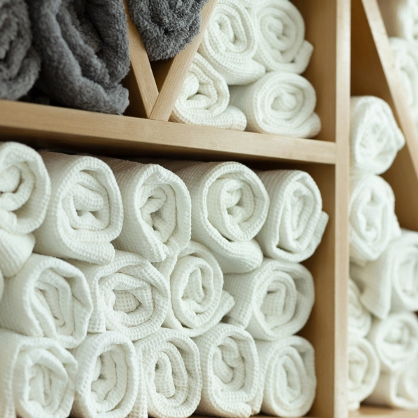 Rolled Towels At Salon On Shelves 600X600